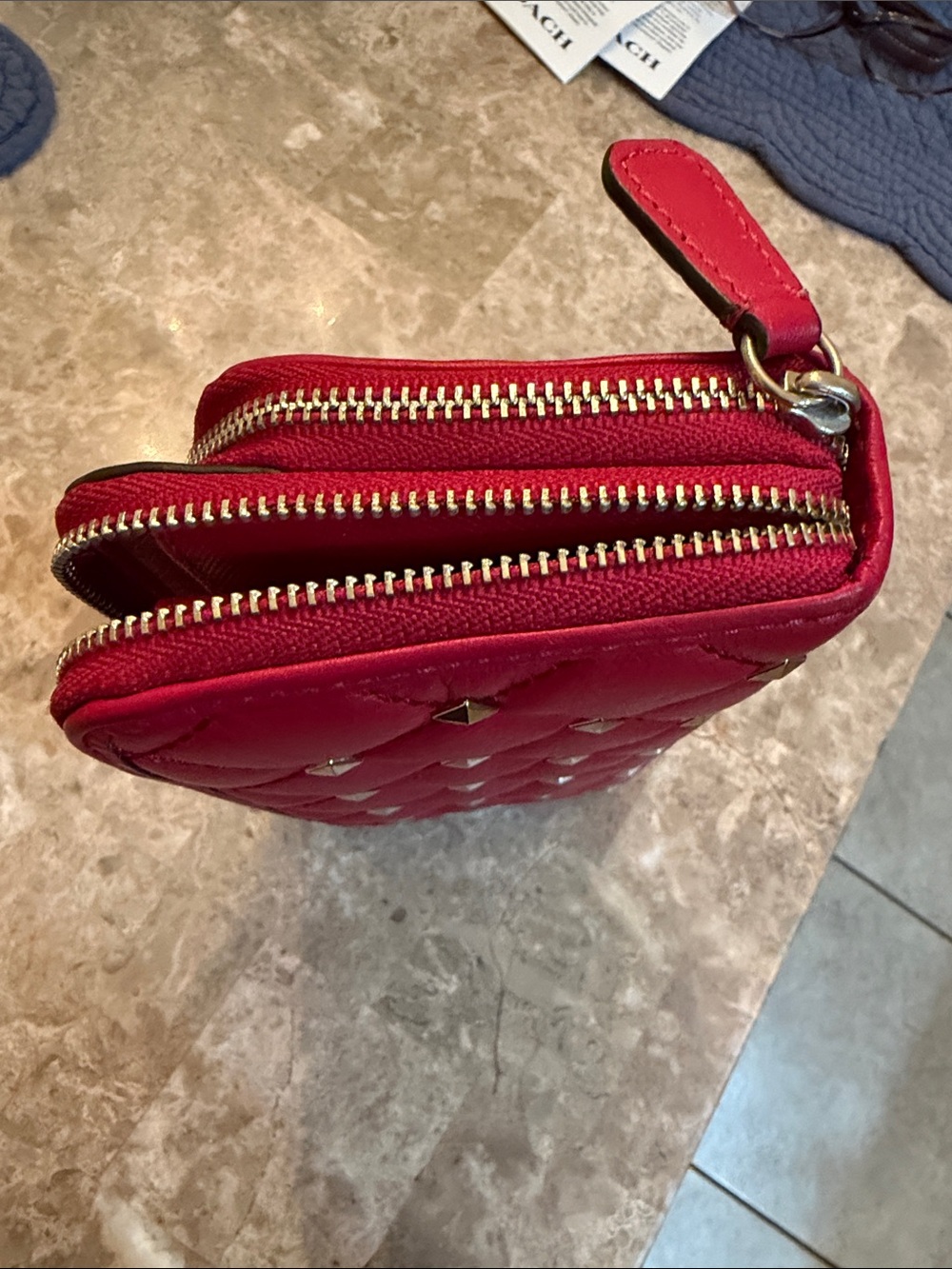 Coach Studded Quilted Double Zip AccordionClutch Wristlet color Berry - Picture 15 of 16